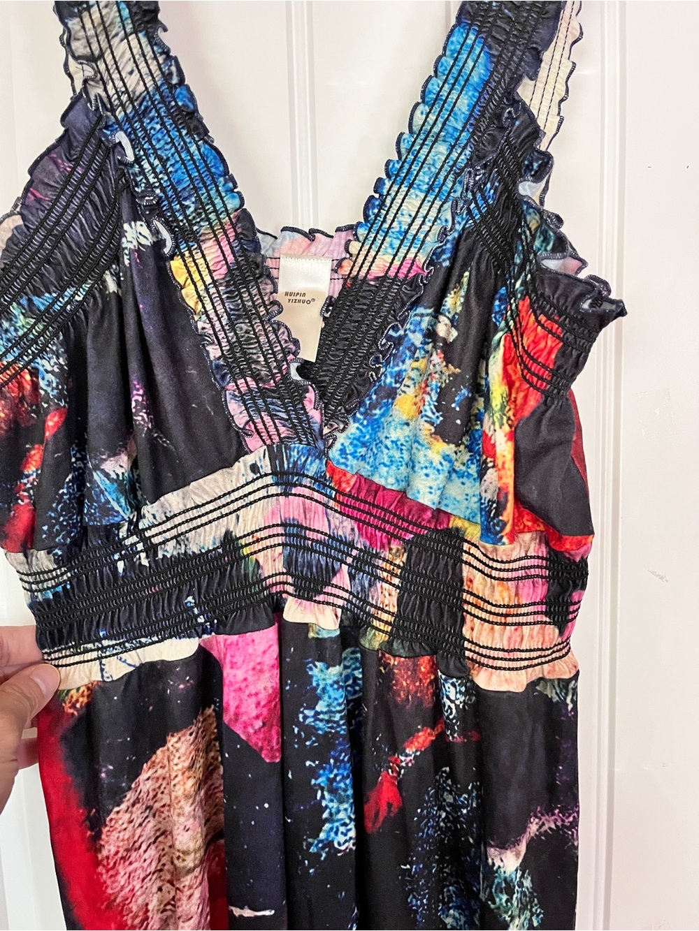 Boho Floral Ruched Maxi Dress Wrap V-Neck Sleeveless Beach Dress - Picture 3 of 8
